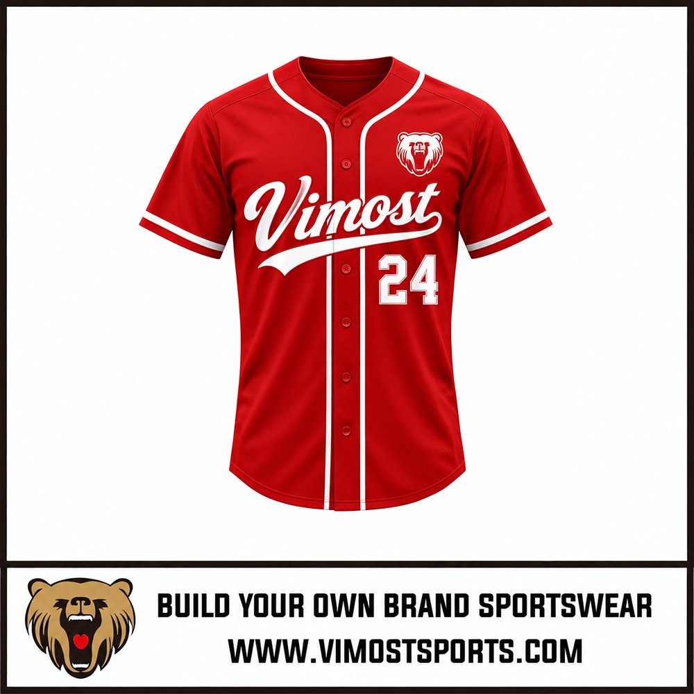 Custom Baseball Jersey Red with White Lines Baseball Uniforms 1 Custom baseball jersey red with white lines baseball uniforms by Vimost Sports