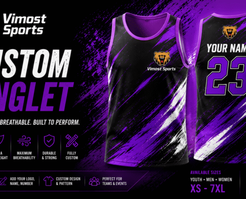 Custom Singlets 11 custom vests manufacturer showing custom logo, colors and sublimation artwork by Vimost Sports