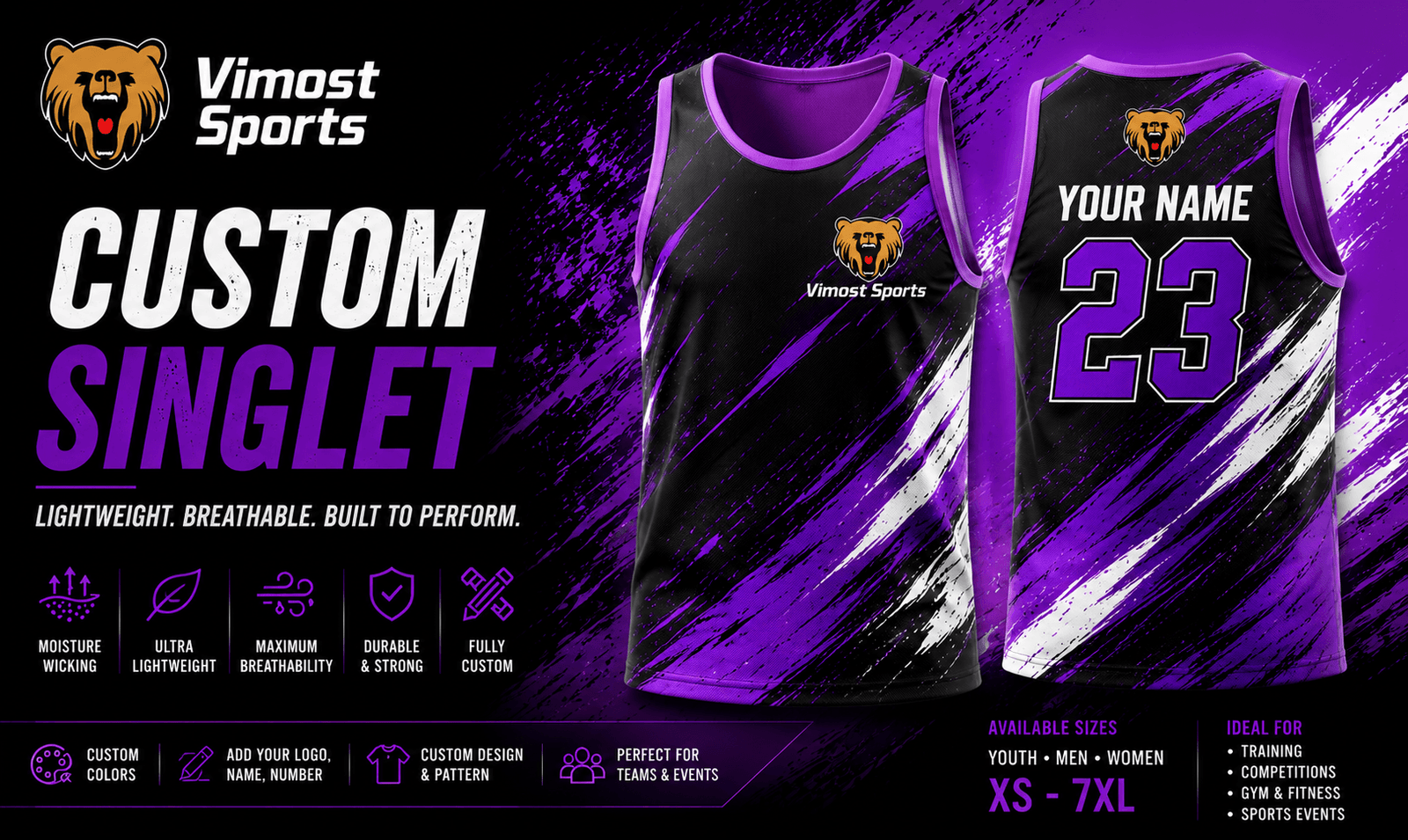 Custom singlets banner custom vests manufacturer showing custom logo, colors and sublimation artwork by Vimost Sports