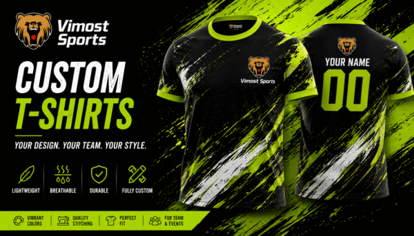 Custom tshirts banner custom t-shirts manufacturer showing custom logo, colors and sublimation artwork by Vimost Sports