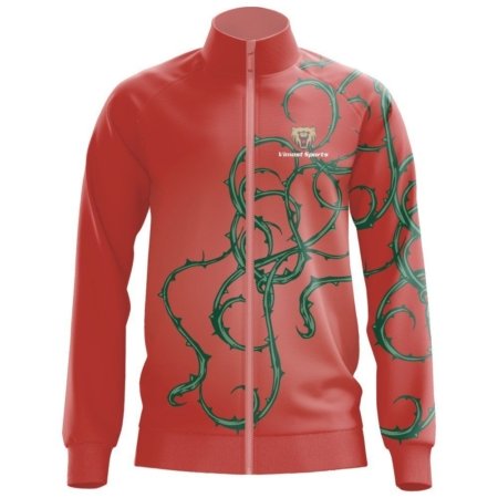Red Custom Sublimation Jacket with Green Brambles Pattern.. 14 LN 14 F 4