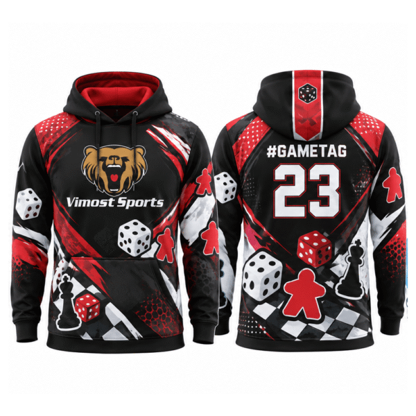 boardgame_hoodie_red_black_1000x1000 Red and black BoardGame hoodie, front and back with #gametag and number 23