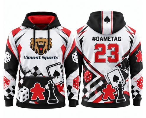 boardgame_hoodie_red_white_1000x1000 Red and white BoardGame hoodie, front and back with #gametag and number 23