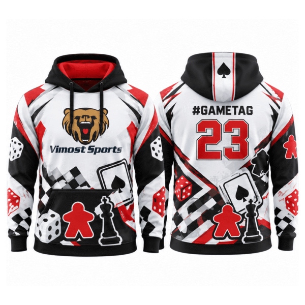boardgame_hoodie_red_white_1000x1000 Red and white BoardGame hoodie, front and back with #gametag and number 23