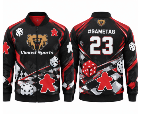 boardgame_jacket_red_black_1000x1000 Red and black BoardGame jacket, front and back with #gametag and number 23