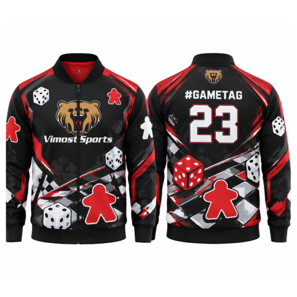 boardgame_jacket_red_black_1000x1000 Red and black BoardGame jacket, front and back with #gametag and number 23