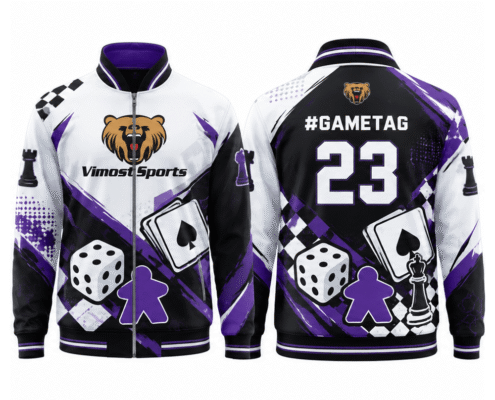 boardgame_jacket_white_purple_1000x1000 White and purple BoardGame jacket, front and back with #gametag and number 23