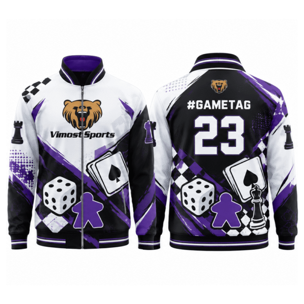 boardgame_jacket_white_purple_1000x1000 White and purple BoardGame jacket, front and back with #gametag and number 23