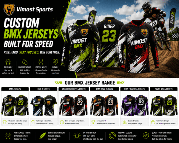 Custom Black BMX Shirts Full Sublimation 4 Custom BMX jerseys and BMX racing shirts made by Vimost Sports