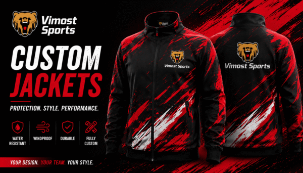 custom Jackets banner custom jackets manufacturer showing custom logo, colors and sublimation artwork by Vimost Sports