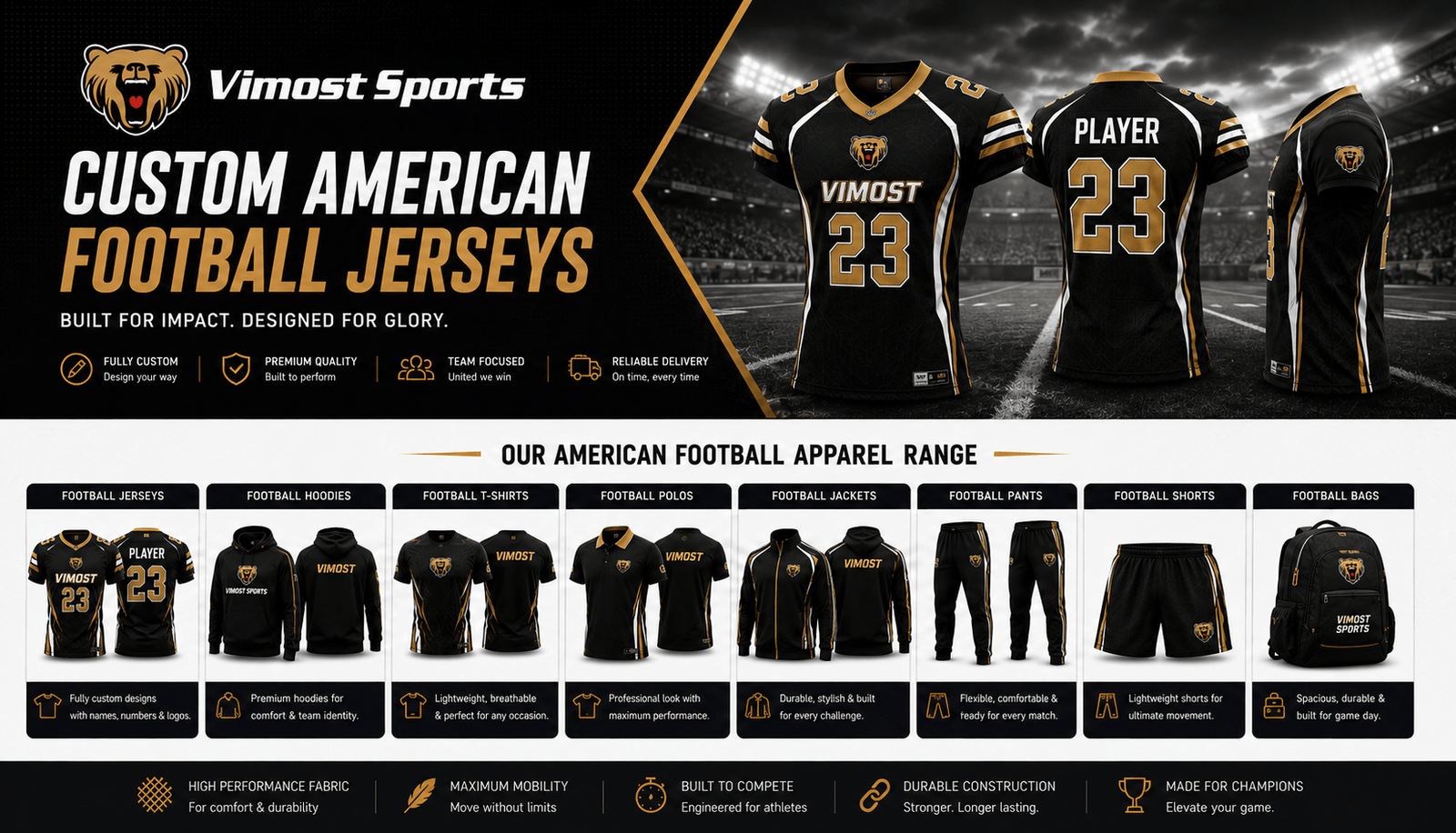 custom american football jerseys product Custom American football jerseys including sublimated jerseys, reversible jerseys, practice jerseys and fan jerseys by Vimost Sports