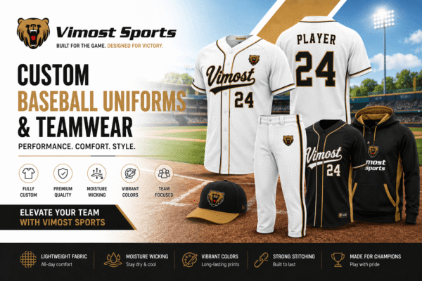 Custom baseball uniforms manufacturer showing baseball jerseys, softball jerseys, pants, vests and jackets by Vimost Sports