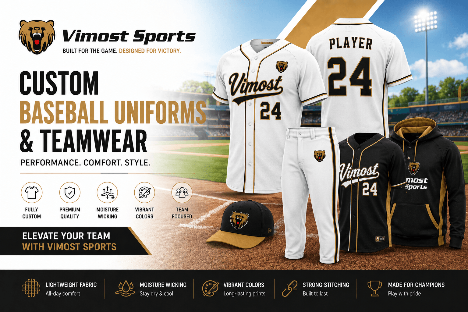 custom baseball uniforms teamwear banner Custom baseball uniforms manufacturer showing baseball jerseys, softball jerseys, pants, vests and jackets by Vimost Sports