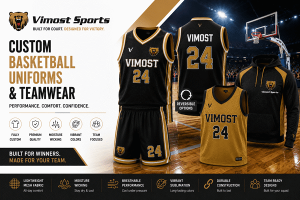 Custom basketball uniforms manufacturer showing jerseys, shorts and reversible uniforms by Vimost Sports