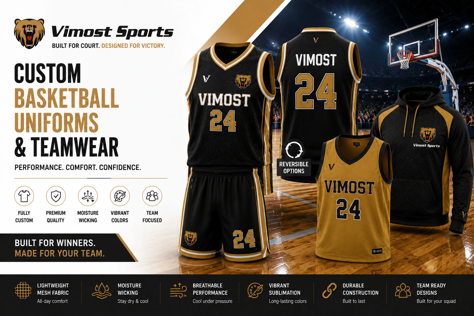 custom basketball uniforms teamwear banner Custom basketball uniforms manufacturer showing jerseys, shorts and reversible uniforms by Vimost Sports