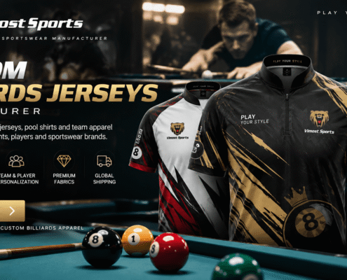 Vimost Sports custom billiards jerseys banner with three shirt designs and pool table