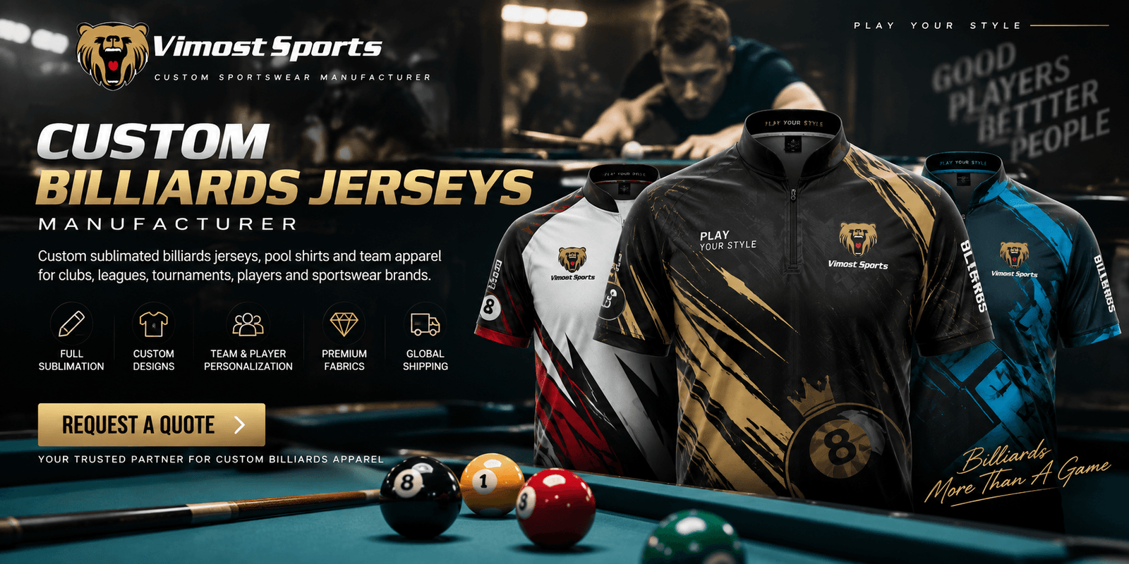 Vimost Sports custom billiards jerseys banner with three shirt designs and pool table