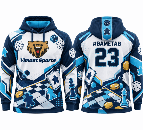 custom boardgame hoodies design 02 White and blue BoardGame hoodie with back #gametag and number 23