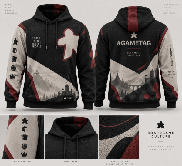 custom boardgame hoodies design 05 Black and grey BoardGame hoodie, front and back with personalized #gametag