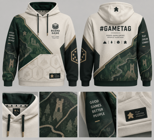 custom boardgame hoodies design 06 White and green BoardGame hoodie, front and back with personalized #gametag