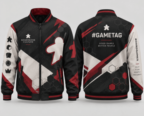 custom boardgame jacket design Black and red BoardGame jacket with tabletop gaming graphics and back #gametag