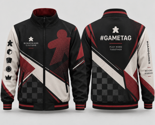 custom boardgame jacket design 06 Black and burgundy BoardGame jacket with tabletop gaming graphics and back #gametag