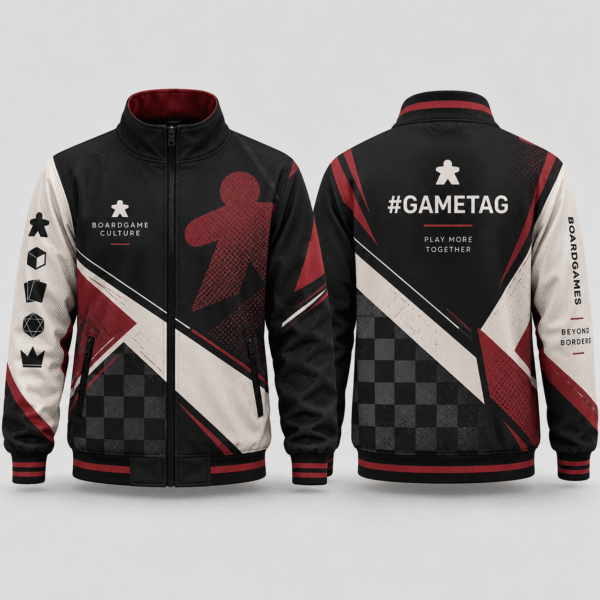 custom boardgame jacket design 06 Black and burgundy BoardGame jacket with tabletop gaming graphics and back #gametag