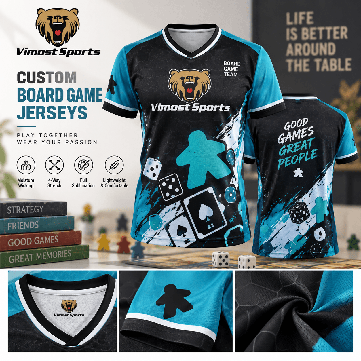 custom boardgame jersey design 01 Custom BoardGame jersey banner with black and teal teamwear, dice, playing cards and fabric details