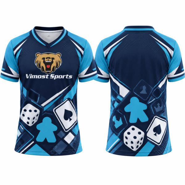 custom boardgame jersey design 04 Blue custom BoardGame jersey with tabletop gaming graphics, front and back