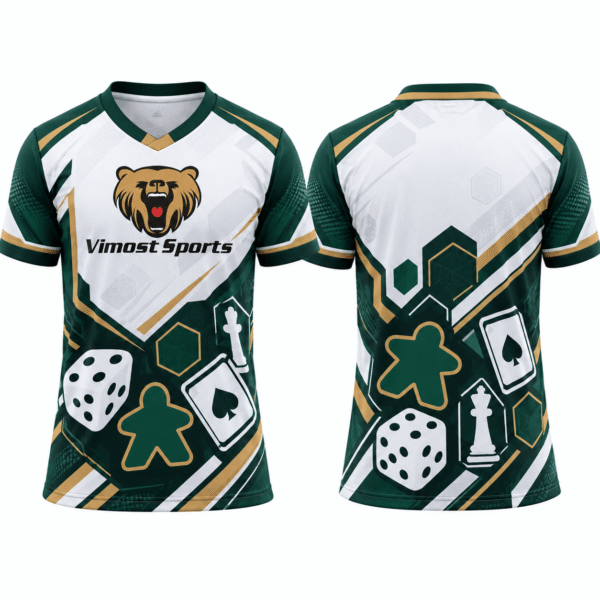 custom boardgame jersey design 05 White and green custom BoardGame jersey with dice and playing card graphics