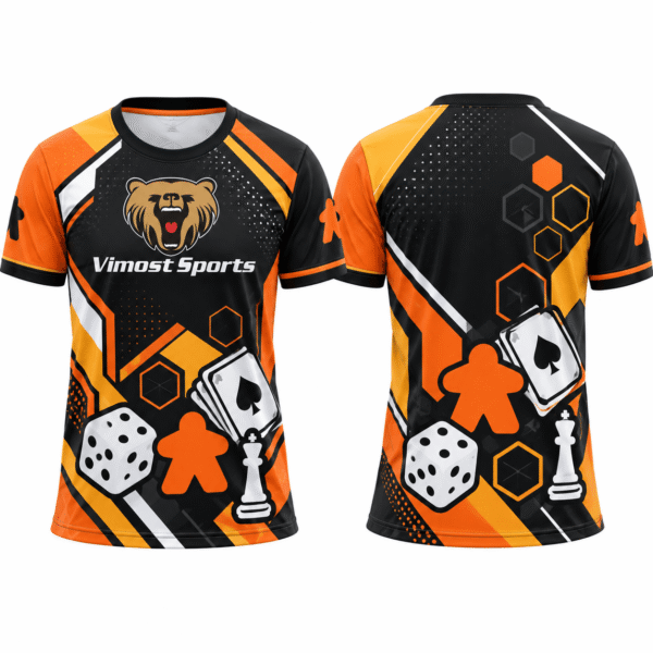 custom boardgame jersey design 06 Orange and black custom BoardGame jersey with dice and playing card graphics