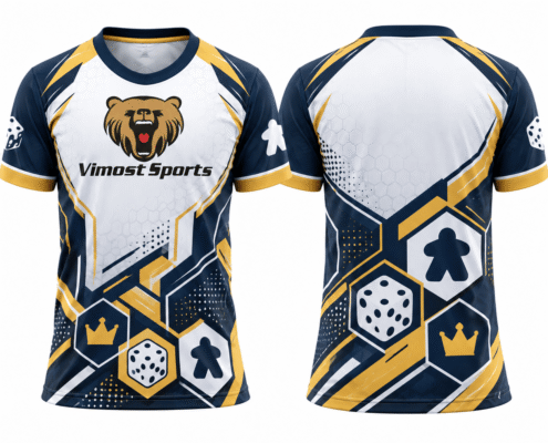 custom boardgame jersey design 07 White and navy custom BoardGame jersey with gold accents and tabletop gaming graphics
