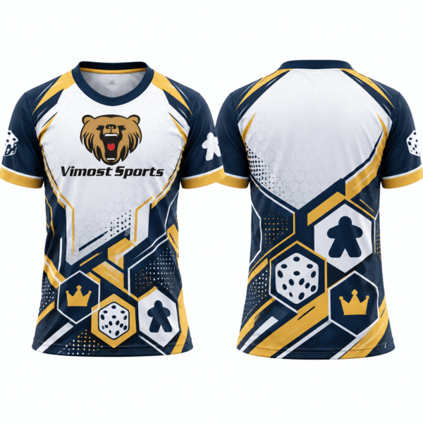 custom boardgame jersey design 07 White and navy custom BoardGame jersey with gold accents and tabletop gaming graphics