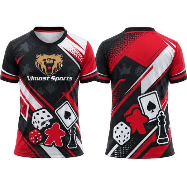 custom boardgame jersey design 08 Red and black custom BoardGame jersey with playing card graphics, front and back
