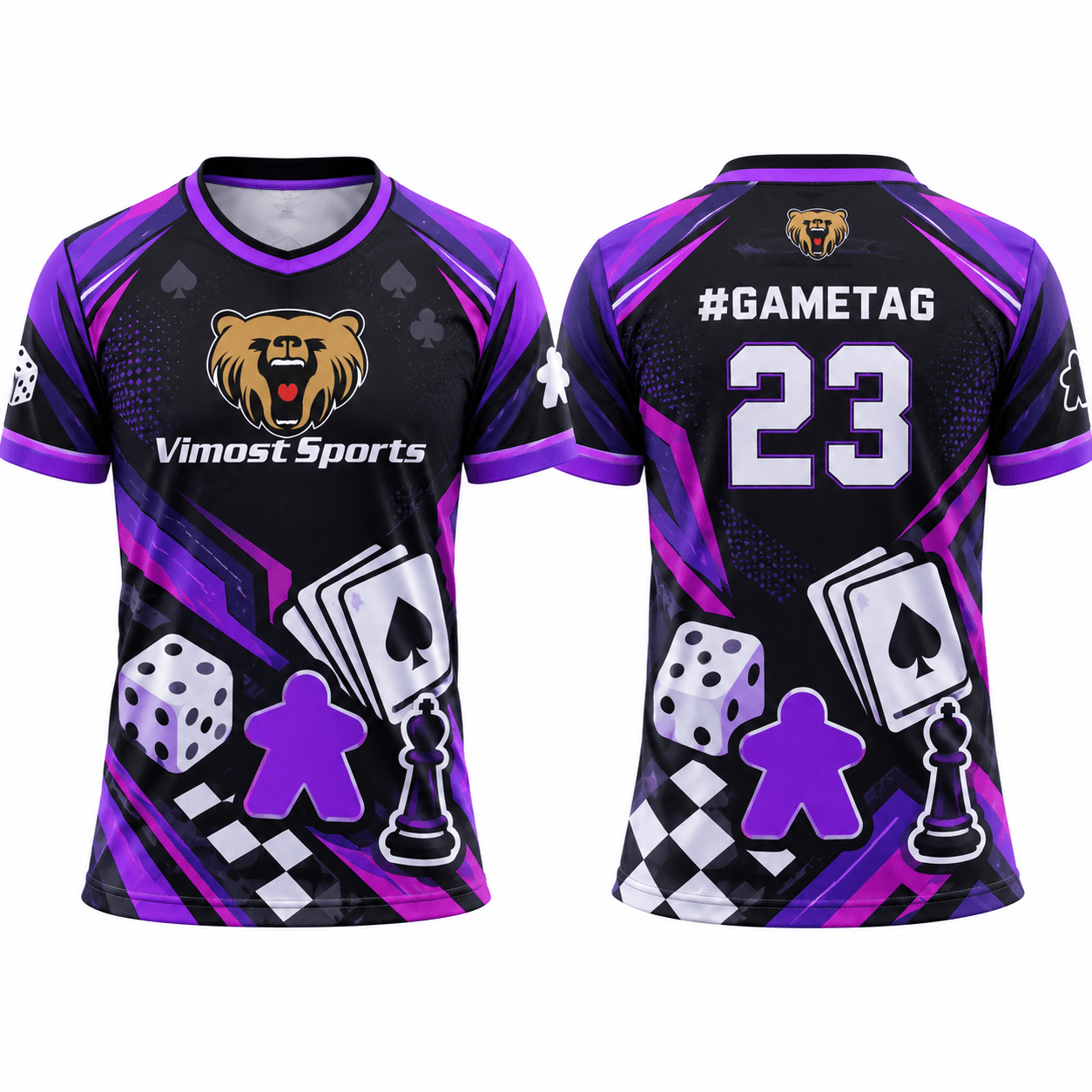 Custom Purple Board Game Jersey with Personalized Gametag 1 Purple and black custom BoardGame jersey, front and back with #gametag and number 23