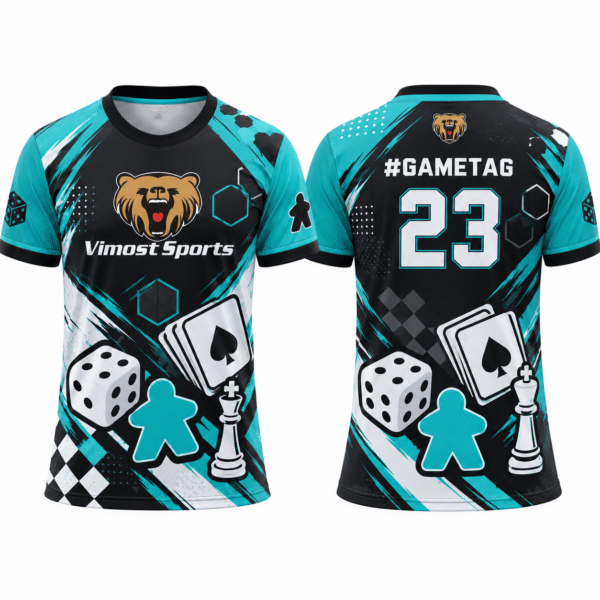 custom boardgame jersey design 10 Teal and black custom BoardGame jersey, front and back with #gametag and number 23