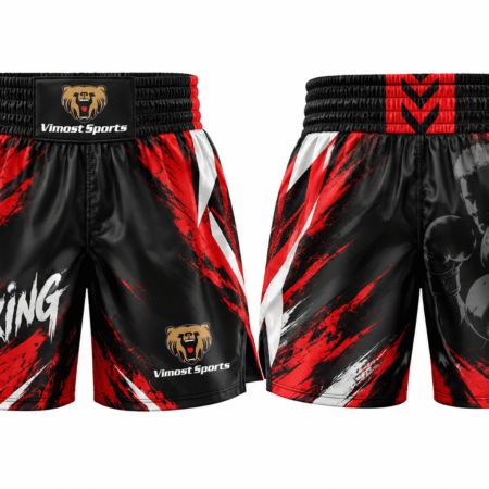 Custom Sublimated Boxing Shorts 5 Black and red custom boxing shorts with a wide waistband, front and back