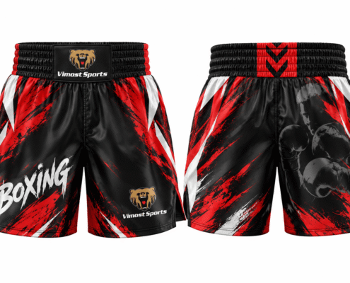 Custom Sublimated Boxing Shorts 6 Black and red custom boxing shorts with a wide waistband, front and back