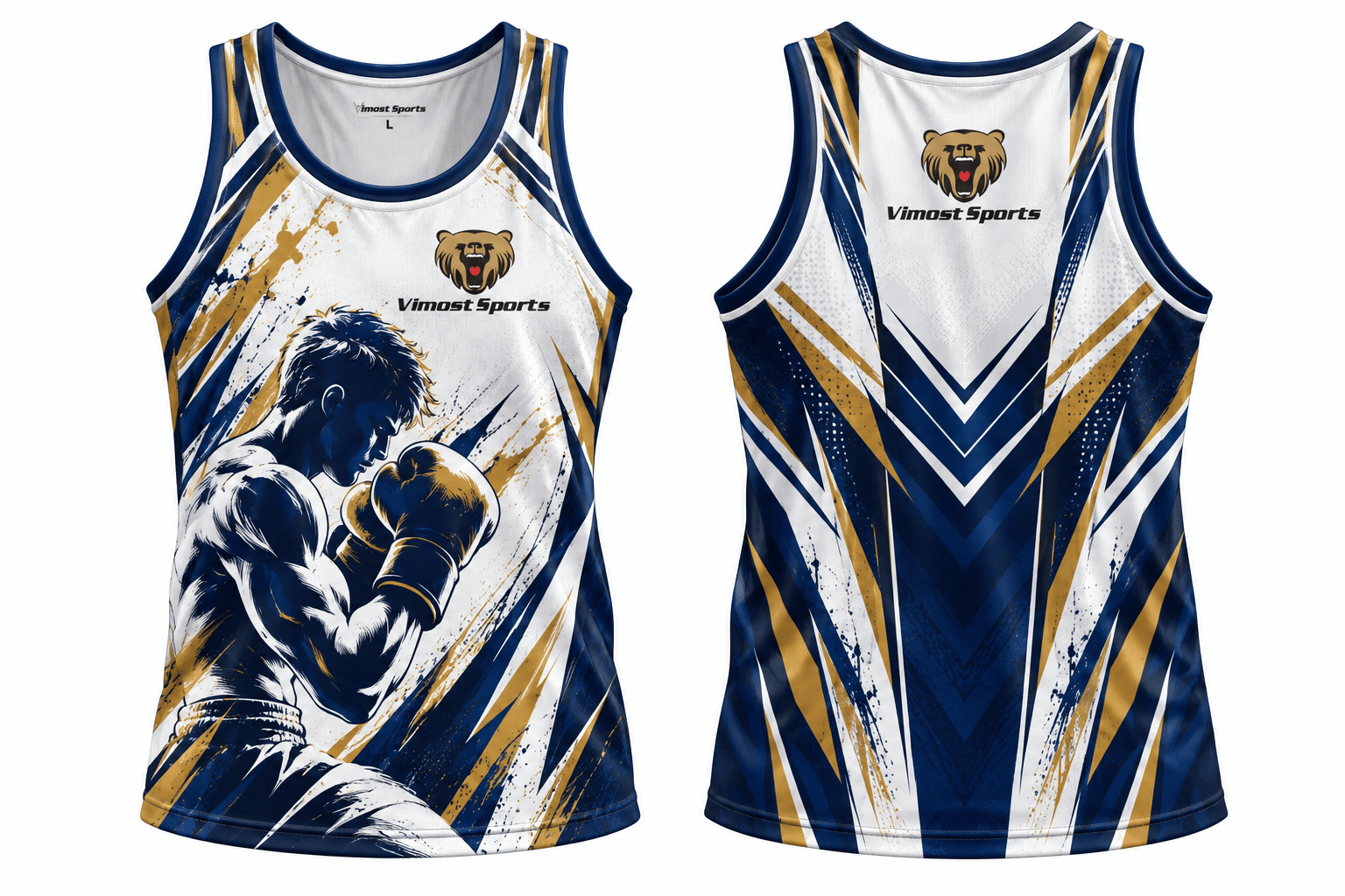 Custom Sublimated Boxing Singlet 3 White, blue and gold boxing singlet with team graphics, front and back