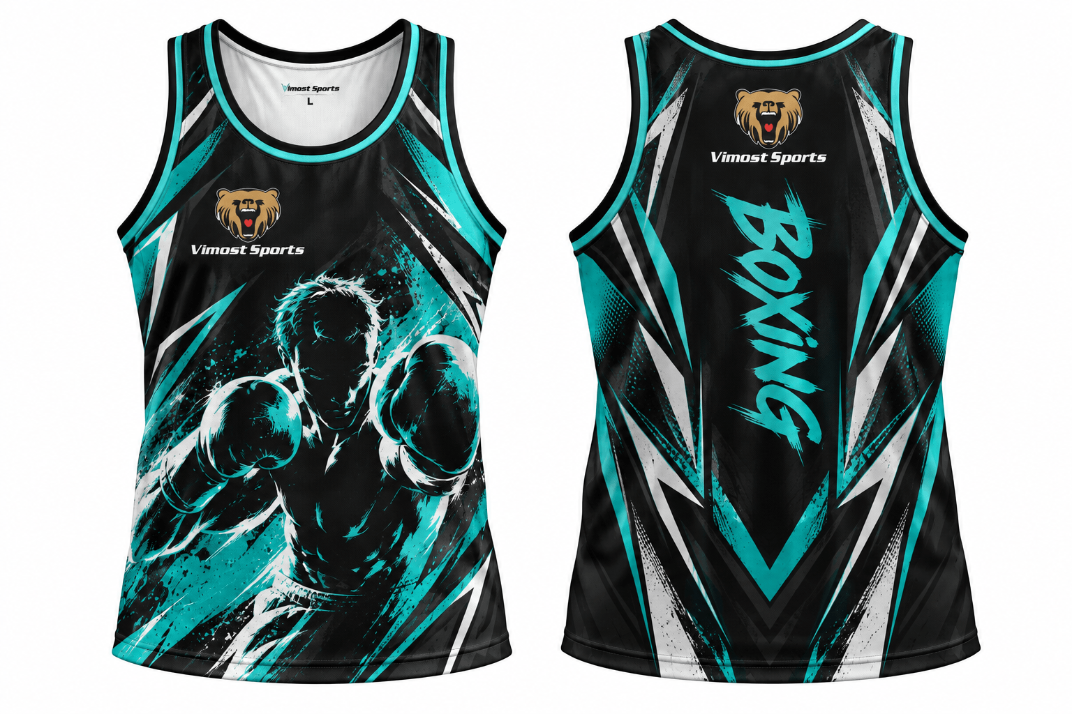 Custom Sublimated Boxing Singlet 2 Black and teal sublimated boxing singlet, front and back