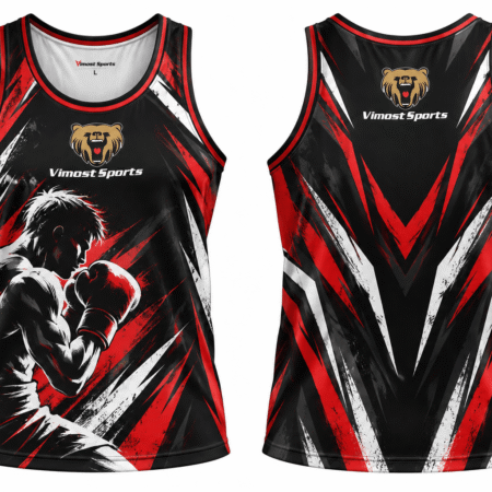 Custom Sublimated Boxing Singlet 4 Black, red and white custom boxing singlet design, front and back