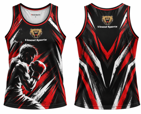 Custom Sublimated Boxing Singlet 5 Black, red and white custom boxing singlet design, front and back