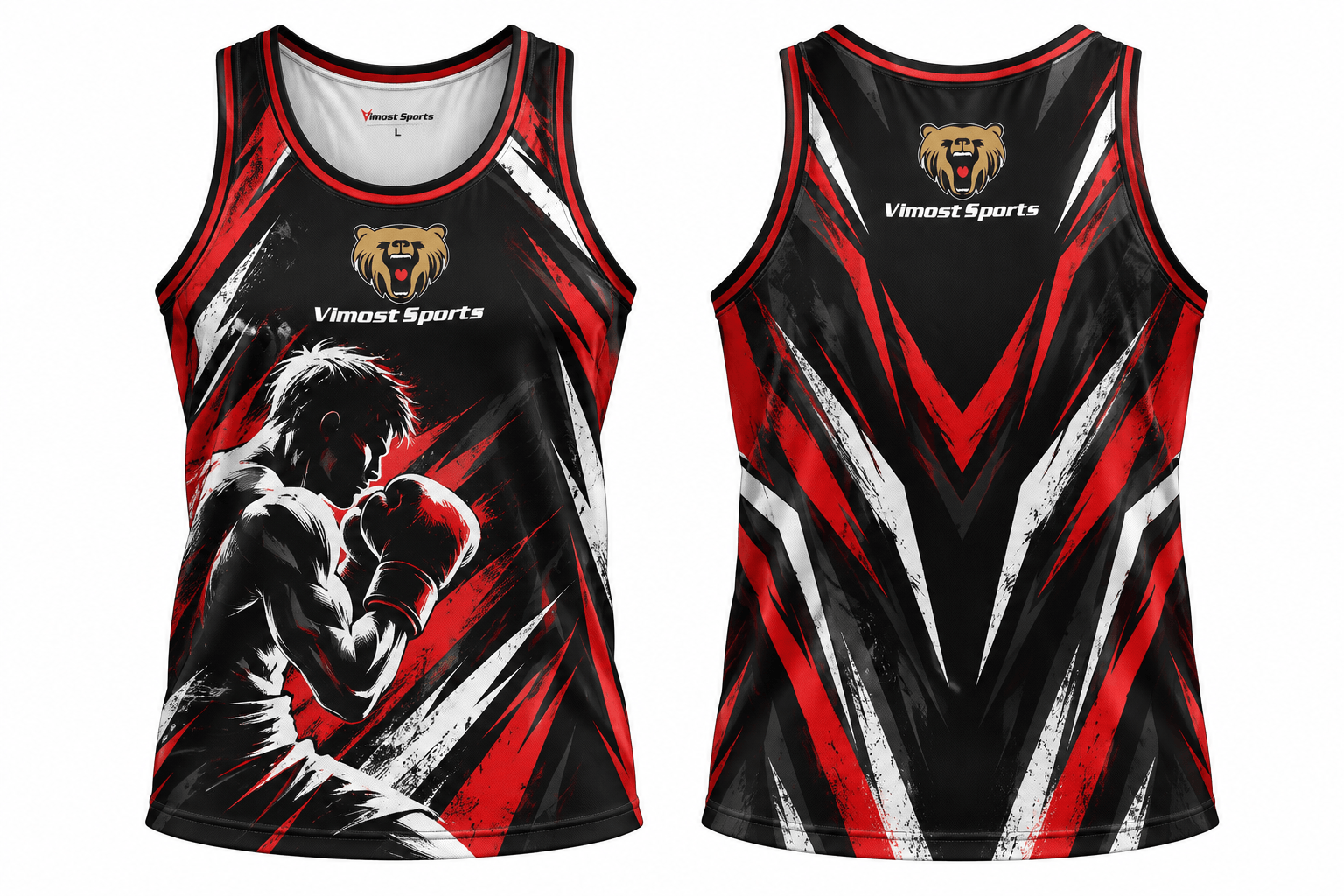 Custom Sublimated Boxing Singlet 1 Black, red and white custom boxing singlet design, front and back