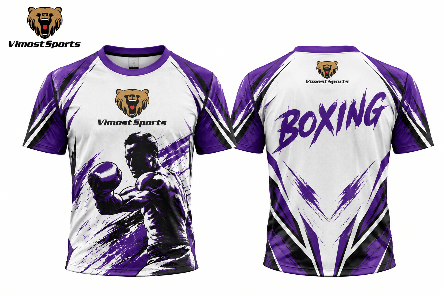Custom Sublimated Boxing Performance T-Shirt 2 White and purple custom boxing T-shirt with team graphics, front and back