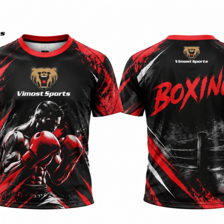 Custom Sublimated Boxing Performance T-Shirt 6 Black and red custom sublimated boxing performance T-shirt, front and back