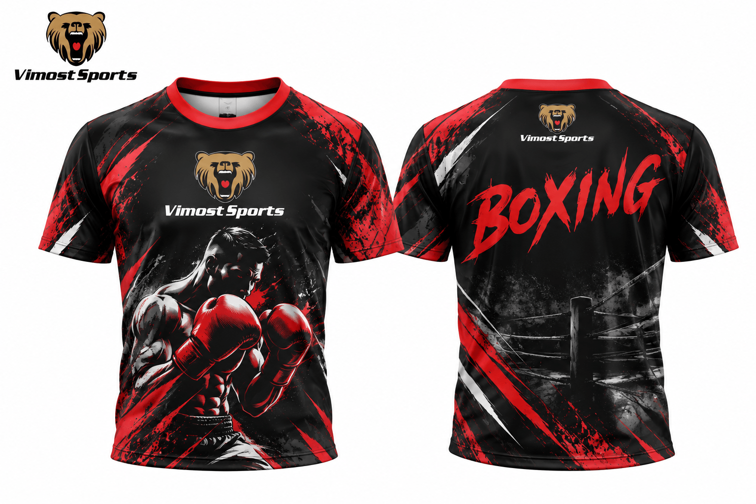 Custom Sublimated Boxing Performance T-Shirt 1 Black and red custom sublimated boxing performance T-shirt, front and back