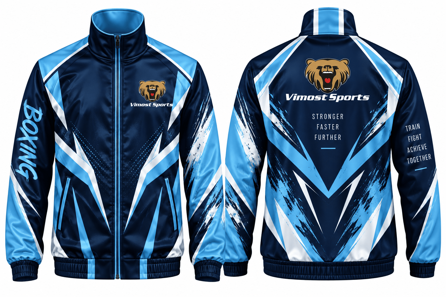 Custom Boxing Warm-Up Jacket 3 Navy blue and white boxing tracksuit jacket, front and back