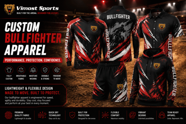 Custom bullfighter jersey manufacturer showing bullfighter jerseys and shorts by Vimost Sports