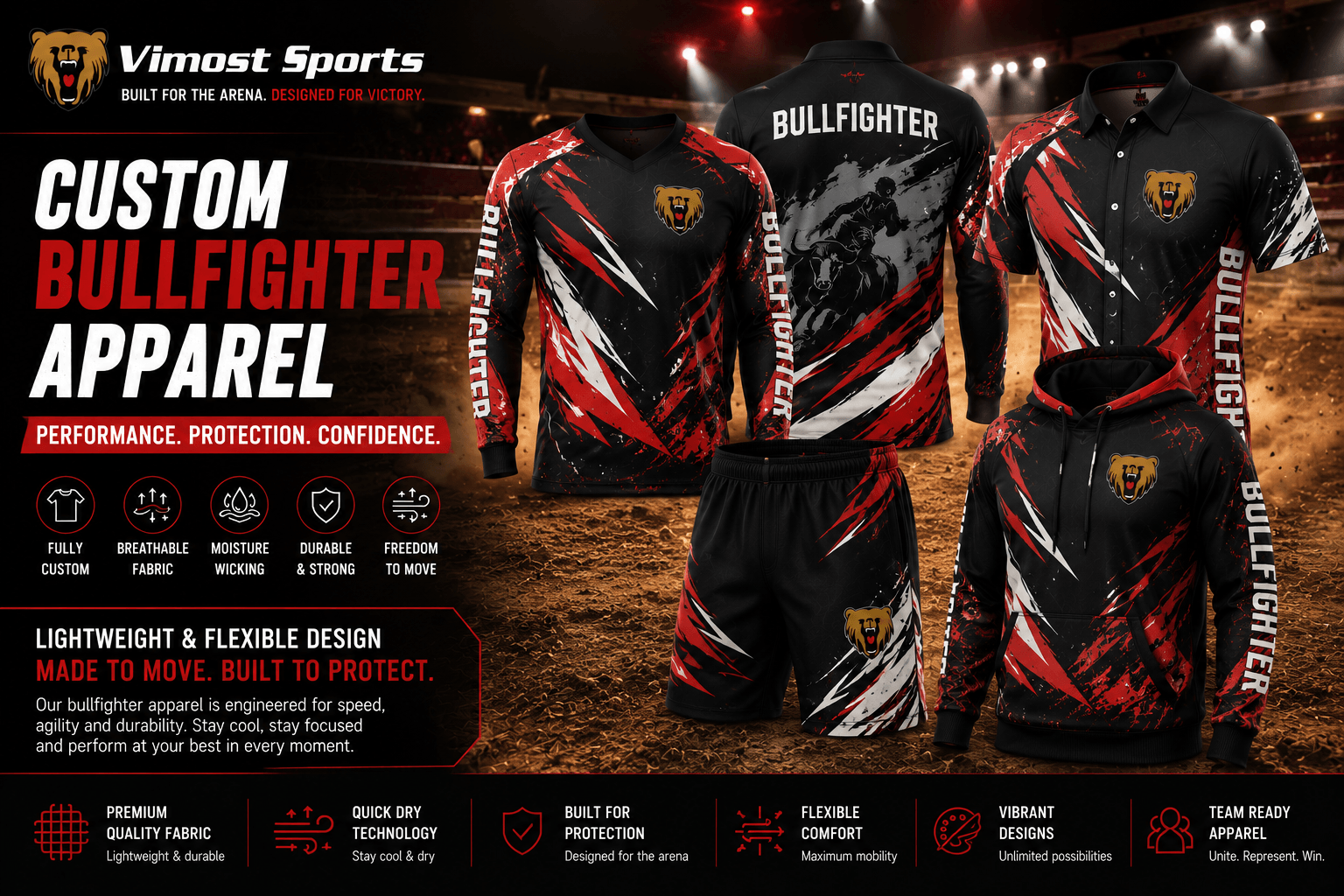 custom bullfighter apparel banner Custom bullfighter jersey manufacturer showing bullfighter jerseys and shorts by Vimost Sports