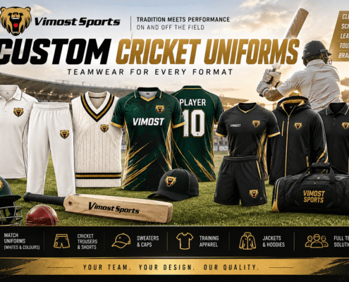 Custom Cricket Uniforms: How to Choose the Right Kit for Your Team 1 Custom cricket uniforms including jerseys trousers sweaters and teamwear by Vimost Sports